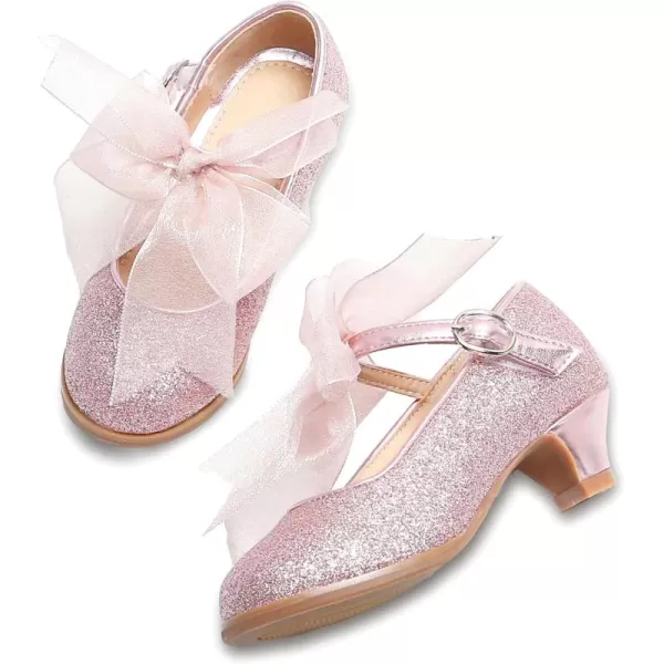 THEE BRON Girls Dress Shoes Glitter Mary Jane Heels Princess Wedding Party Pumps909pink