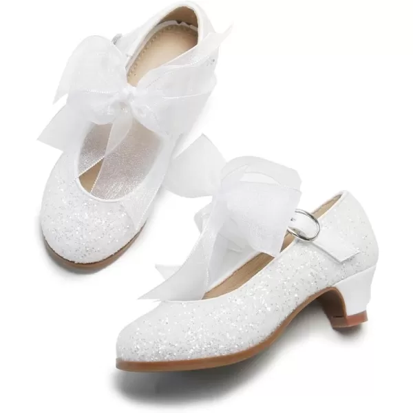 THEE BRON Girls Dress Shoes Glitter Mary Jane Heels Princess Wedding Party Pumps909white