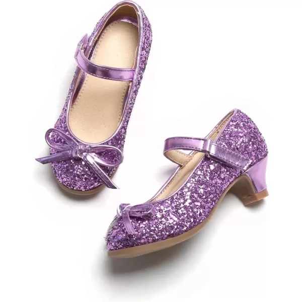 THEE BRON Girls Dress Shoes Glitter Mary Jane Heels Princess Wedding Party Pumps910purple