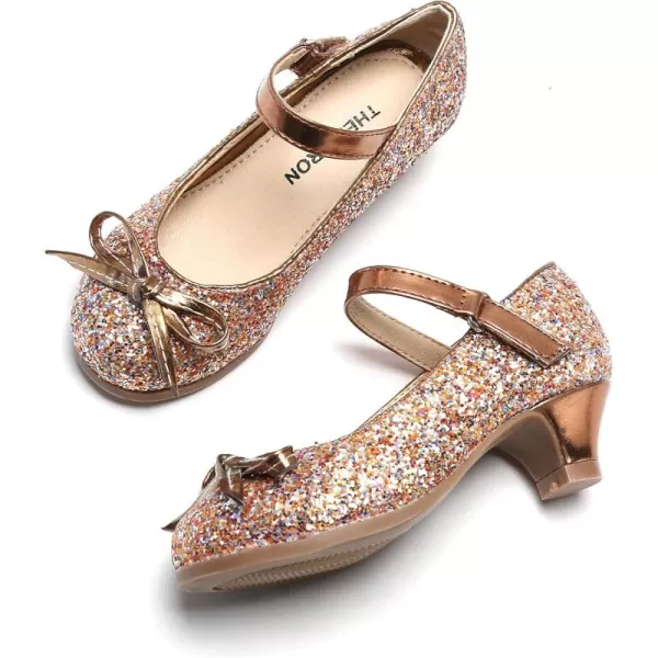 THEE BRON Girls Dress Shoes Glitter Mary Jane Heels Princess Wedding Party Pumps910rose