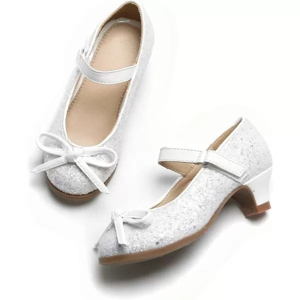 THEE BRON Girls Dress Shoes Glitter Mary Jane Heels Princess Wedding Party Pumps910white