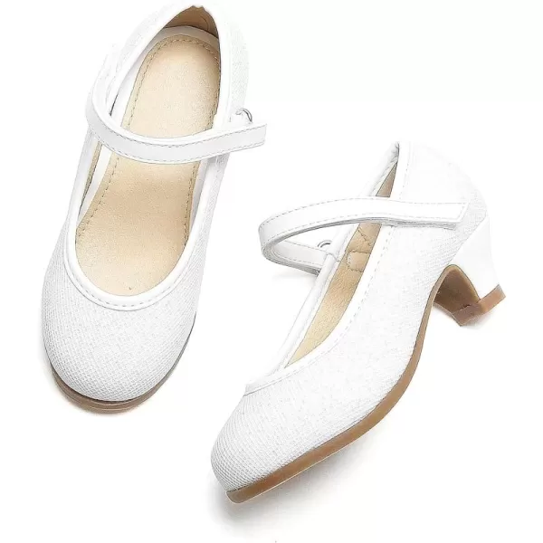 THEE BRON Girls Dress Shoes Glitter Mary Jane Heels Princess Wedding Party Pumps913white