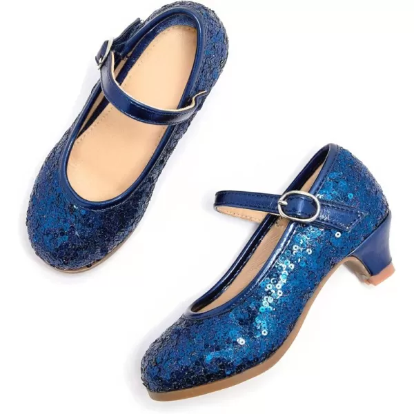 THEE BRON Girls Dress Shoes Glitter Mary Jane Heels Princess Wedding Party Pumps917blue
