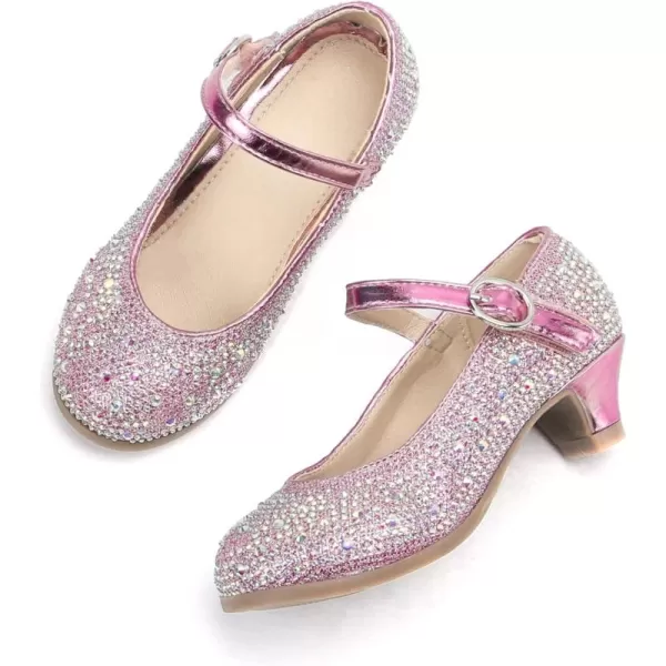 THEE BRON Girls Dress Shoes Glitter Mary Jane Heels Princess Wedding Party Pumps922pink
