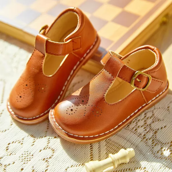 THEE BRON Girls Mary Jane Flats Toddler Kids School Uniform Party Dress ShoesA80brown