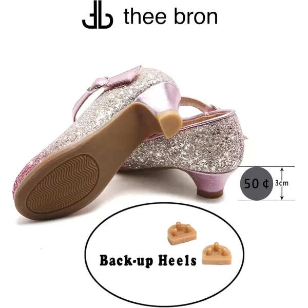 THEE BRON Girls Dress Shoes Glitter Mary Jane Heels Princess Wedding Party Pumps908pink