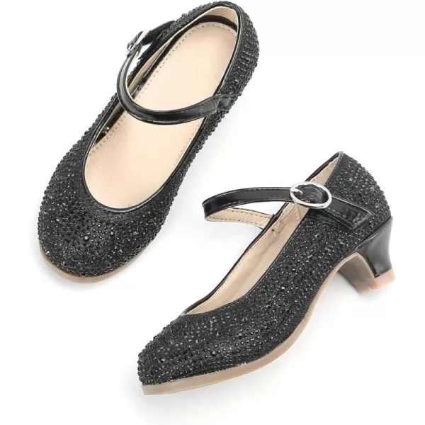 THEE BRON Girls Dress Shoes Glitter Mary Jane Heels Princess Wedding Party Pumps922black
