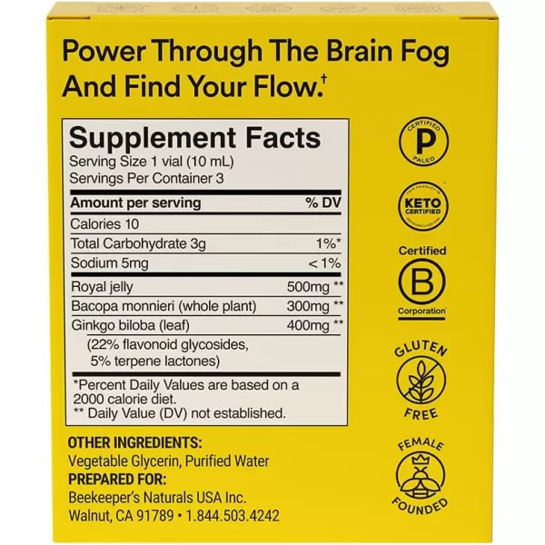 BEEKEEPERS NATURALS BLXR Brain Fuel  Memory Focus and Clarity Liquid Formula Supports Productivity  Royal Jelly Ginkgo Biloba Bacopa Monnieri  Keto Friendly Gluten ampamp CaffeineFree 3 ct