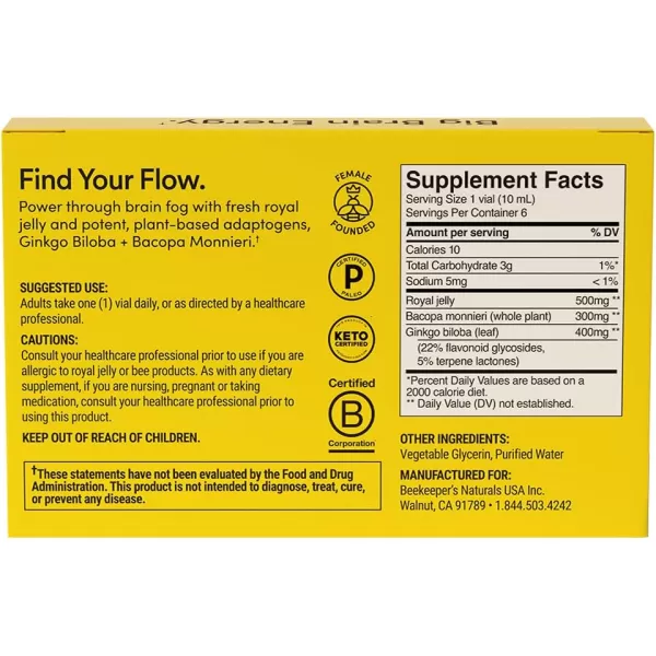 BEEKEEPERS NATURALS BLXR Brain Fuel  Memory Focus and Clarity Liquid Formula Supports Productivity Royal Jelly Ginkgo Biloba Bacopa Monnieri Keto Friendly Gluten ampamp CaffeineFree 6 ct21 Fl Oz Pack of 1