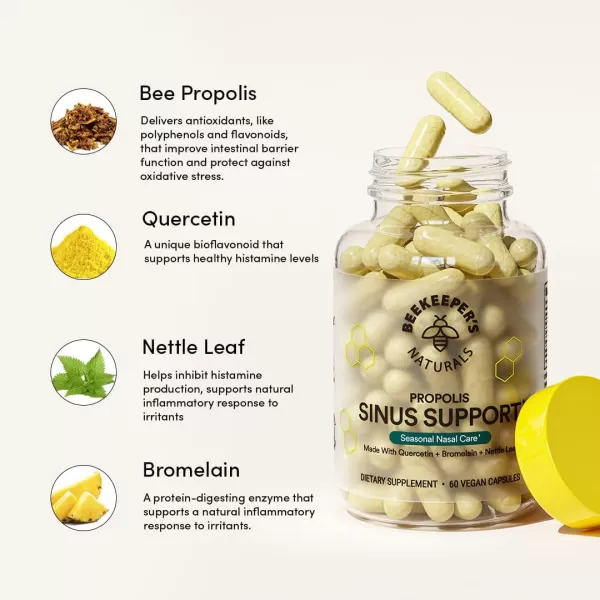 Beekeepers Naturals All Natural Sinus Support for Adults Seasonal Nasal Care Relief with Propolis Quercetin Bromelain Nettle Leaf ampamp Vegan Capsule Blocks or Suppresses Histamine 60 ct