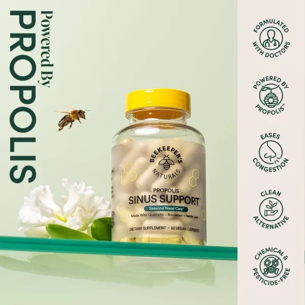 Beekeepers Naturals All Natural Sinus Support for Adults Seasonal Nasal Care Relief with Propolis Quercetin Bromelain Nettle Leaf ampamp Vegan Capsule Blocks or Suppresses Histamine 60 ct