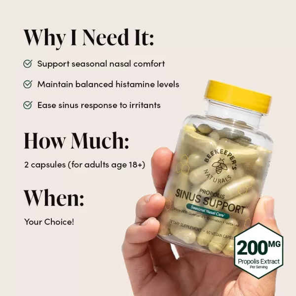 Beekeepers Naturals All Natural Sinus Support for Adults Seasonal Nasal Care Relief with Propolis Quercetin Bromelain Nettle Leaf ampamp Vegan Capsule Blocks or Suppresses Histamine 60 ct
