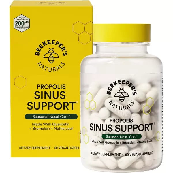 Beekeepers Naturals All Natural Sinus Support for Adults Seasonal Nasal Care Relief with Propolis Quercetin Bromelain Nettle Leaf ampamp Vegan Capsule Blocks or Suppresses Histamine 60 ct
