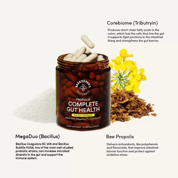 Beekeepers Naturals Complete Gut Health 3in1 Prebiotic Postbiotic Probiotics for Digestive Health ampamp Bloating Relief for Women ampamp Men Propolis Powered GlutenFree Vegan Capsules 20ct60 Count Pack of 1