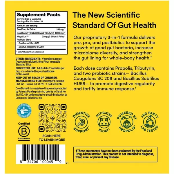Beekeepers Naturals Complete Gut Health 3in1 Prebiotic Postbiotic Probiotics for Digestive Health ampamp Bloating Relief for Women ampamp Men Propolis Powered GlutenFree Vegan Capsules 20ct20 Count Pack of 1
