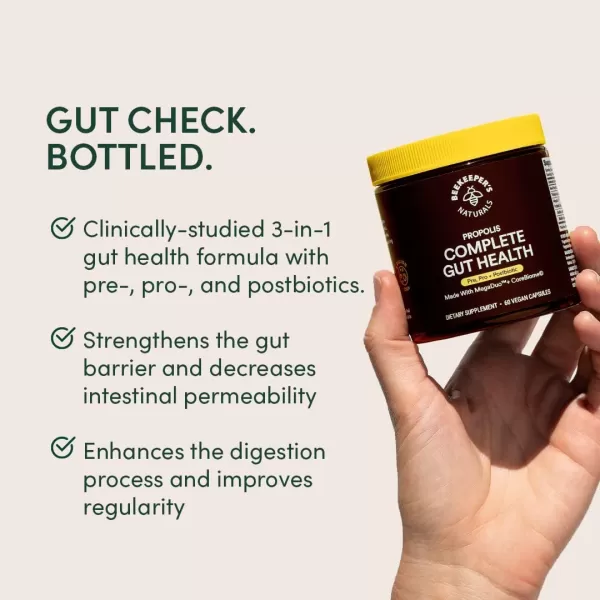 Beekeepers Naturals Complete Gut Health 3in1 Prebiotic Postbiotic Probiotics for Digestive Health ampamp Bloating Relief for Women ampamp Men Propolis Powered GlutenFree Vegan Capsules 20ct60 Count Pack of 1