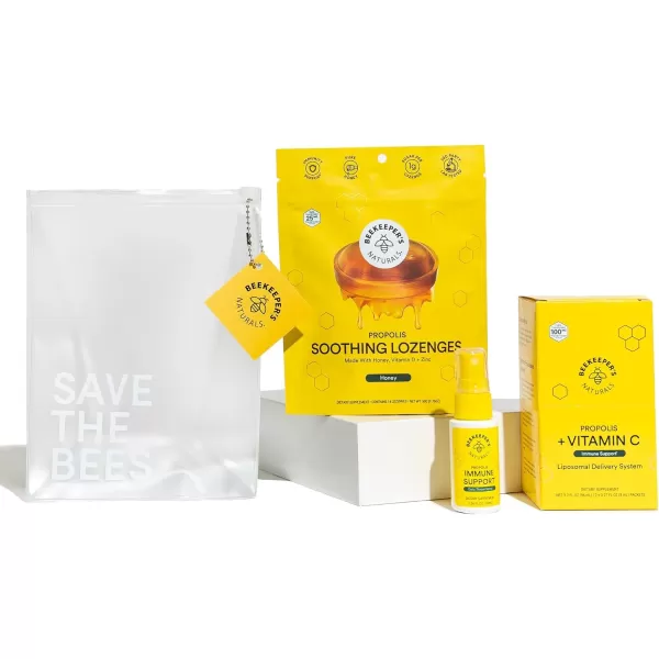Beekeepers Naturals Immune Support Kit  Propolis Throat Spray  Honey Cough Drops  Vitamin C Liposomal  Effective ampamp Natural Sore Throat Relief3 Piece Set