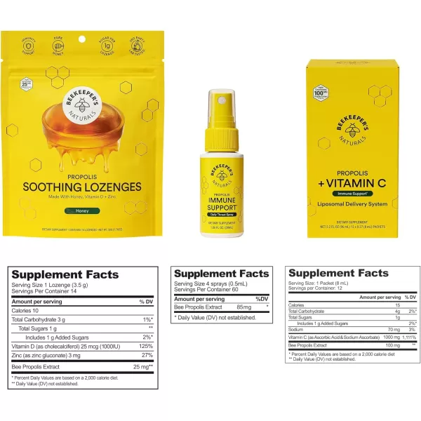Beekeepers Naturals Immune Support Kit  Propolis Throat Spray  Honey Cough Drops  Vitamin C Liposomal  Effective ampamp Natural Sore Throat Relief3 Piece Set