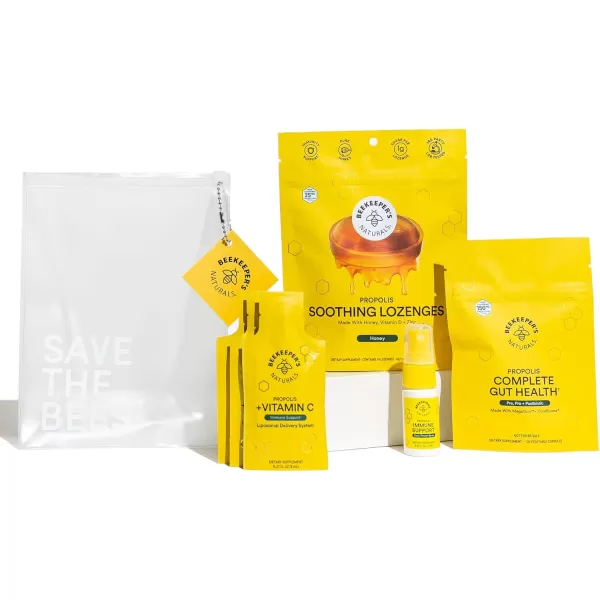 Beekeepers Naturals Immune Support Kit  Propolis Throat Spray  Honey Cough Drops  Vitamin C Liposomal  Effective ampamp Natural Sore Throat ReliefStarter Kit