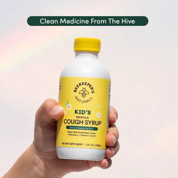 Beekeepers Naturals Propolis Honey Cough Syrup Daytime for Kids Immune Support with Elderberry Vitamin C Vitamin D ampamp Raw Honey  Throat Soothing  Gluten Free ampamp Clean Ingredients 4 ozKids AM Cough Syrup