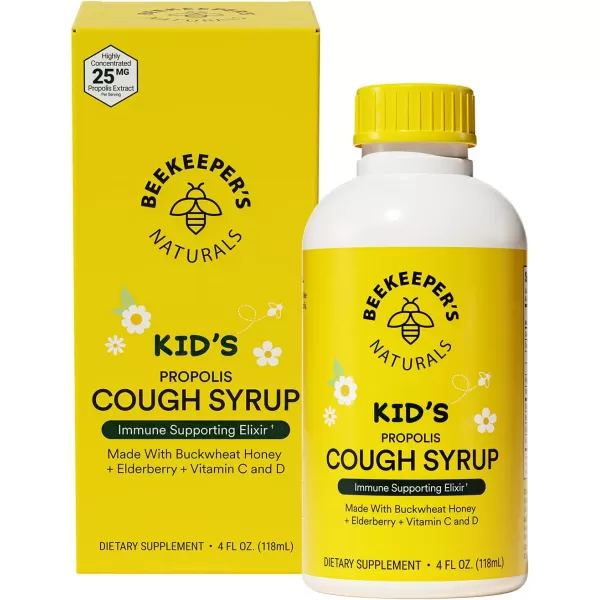 Beekeepers Naturals Propolis Honey Cough Syrup Daytime for Kids Immune Support with Elderberry Vitamin C Vitamin D ampamp Raw Honey  Throat Soothing  Gluten Free ampamp Clean Ingredients 4 ozKids AM Cough Syrup