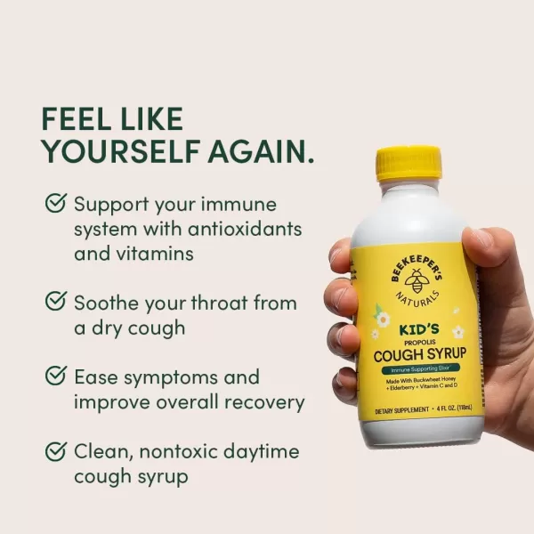 Beekeepers Naturals Propolis Honey Cough Syrup Daytime for Kids Immune Support with Elderberry Vitamin C Vitamin D ampamp Raw Honey  Throat Soothing  Gluten Free ampamp Clean Ingredients 4 ozKids AM Cough Syrup