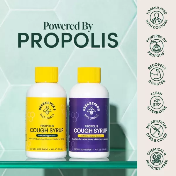 Beekeepers Naturals Propolis Honey Cough Syrup Nighttime for Kids Immune Support with Propolis Elderberry ampamp Raw Honey  Sleep Support with Chamomile ampamp LTheanine  Gluten Free 4 ozAdult AM Cough Syrup