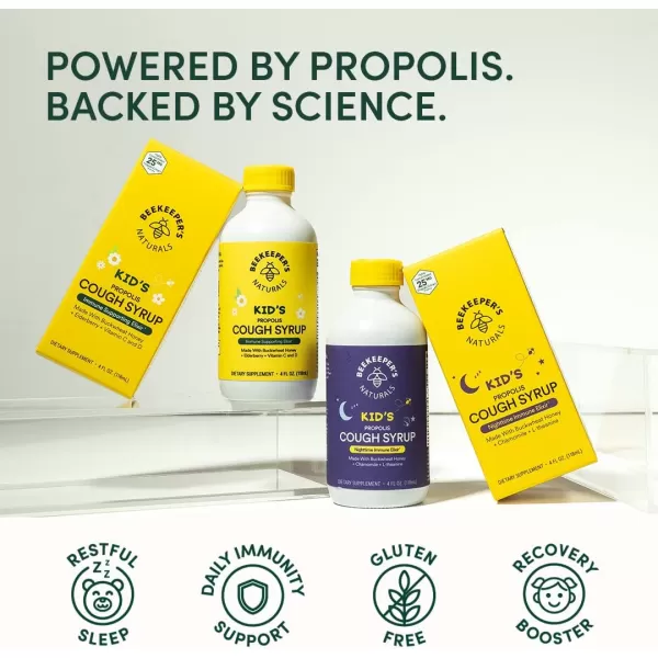 Beekeepers Naturals Propolis Honey Cough Syrup Nighttime for Kids Immune Support with Propolis Elderberry ampamp Raw Honey  Sleep Support with Chamomile ampamp LTheanine  Gluten Free 4 ozKids PM Cough Syrup