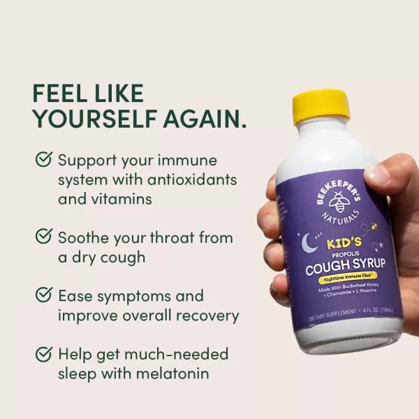 Beekeepers Naturals Propolis Honey Cough Syrup Nighttime for Kids Immune Support with Propolis Elderberry ampamp Raw Honey  Sleep Support with Chamomile ampamp LTheanine  Gluten Free 4 ozKids PM Cough Syrup