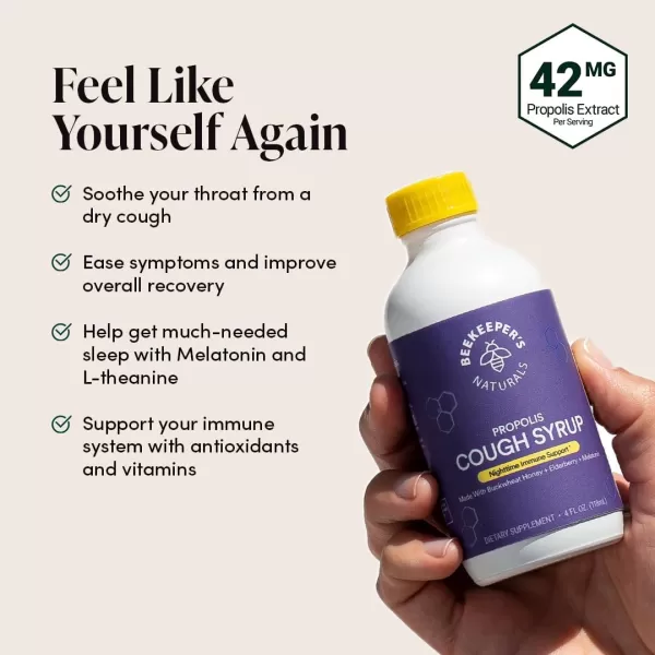 Beekeepers Naturals Propolis Honey Cough Syrup Nighttime for Kids Immune Support with Propolis Elderberry ampamp Raw Honey  Sleep Support with Chamomile ampamp LTheanine  Gluten Free 4 ozAdult PM Cough Syrup