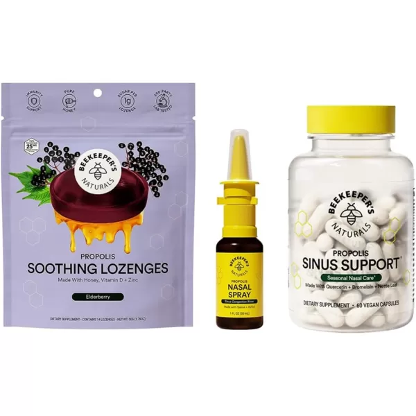 Beekeepers Naturals Sinus Support Kit  Natural Nasal Spray  Sinus Capsules  Elderberry Cough Drops  Seasonal Relief Decongestion Immune SupportSinus Bundle
