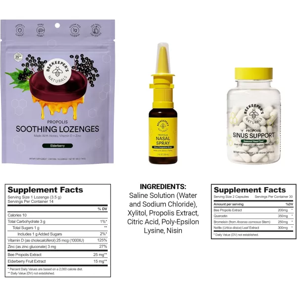Beekeepers Naturals Sinus Support Kit  Natural Nasal Spray  Sinus Capsules  Elderberry Cough Drops  Seasonal Relief Decongestion Immune SupportSinus Bundle
