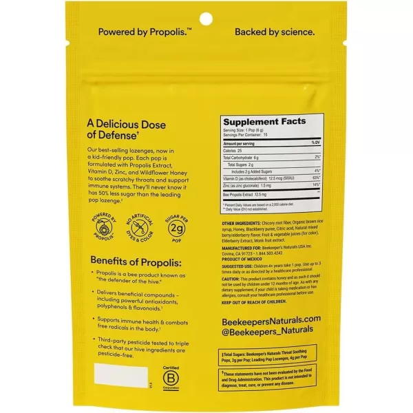 Kids Throat Soothing Lollipops by Beekeepers Naturals  Doctor Formulated Immune Support Vitamin D ampamp Honey Under 2g Sugar Clean Ingredients15 ctMixed Berry wElderberry