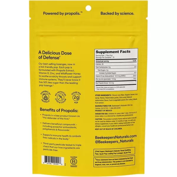 Kids Throat Soothing Lollipops by Beekeepers Naturals  Doctor Formulated Immune Support Vitamin D ampamp Honey Under 2g Sugar Clean Ingredients15 ctWatermelon