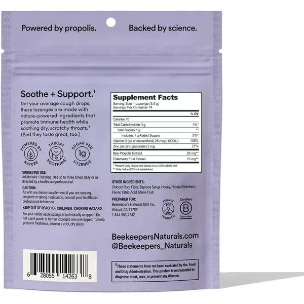 Soothing Honey Cough Drops  Immune Support with Vitamin D Zinc and Propolis  by Beekeepers Naturals  Throat Soothing Lozenges 14 CtElderberry Lozenges