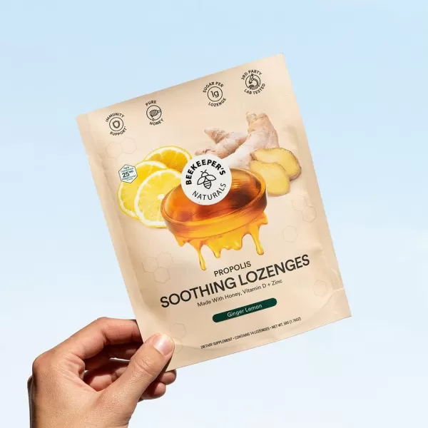 Soothing Honey Cough Drops  Immune Support with Vitamin D Zinc and Propolis  by Beekeepers Naturals  Throat Soothing Lozenges 14 CtGinger Lemon