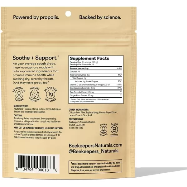 Soothing Honey Cough Drops  Immune Support with Vitamin D Zinc and Propolis  by Beekeepers Naturals  Throat Soothing Lozenges 14 CtGinger Lemon