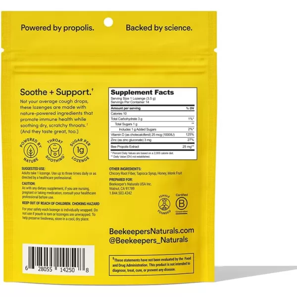 Soothing Honey Cough Drops  Immune Support with Vitamin D Zinc and Propolis  by Beekeepers Naturals  Throat Soothing Lozenges 14 CtHoney Lozenges