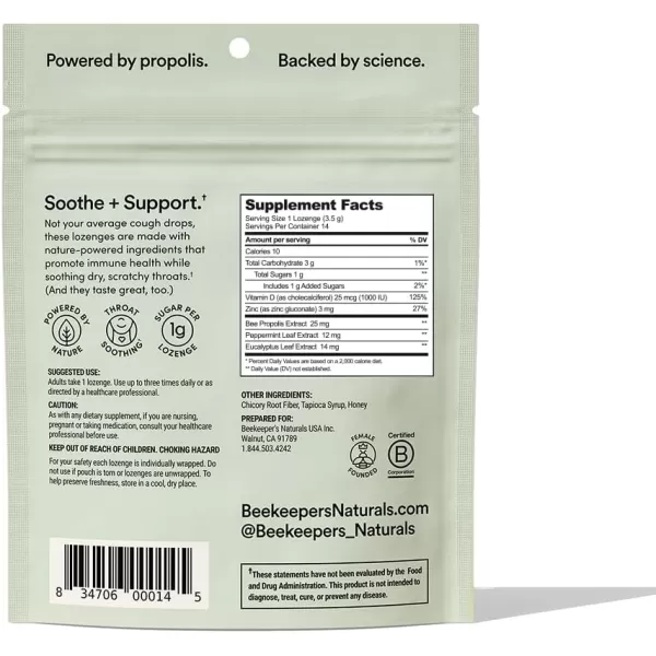 Soothing Honey Cough Drops  Immune Support with Vitamin D Zinc and Propolis  by Beekeepers Naturals  Throat Soothing Lozenges 14 CtMint Eucalpytus