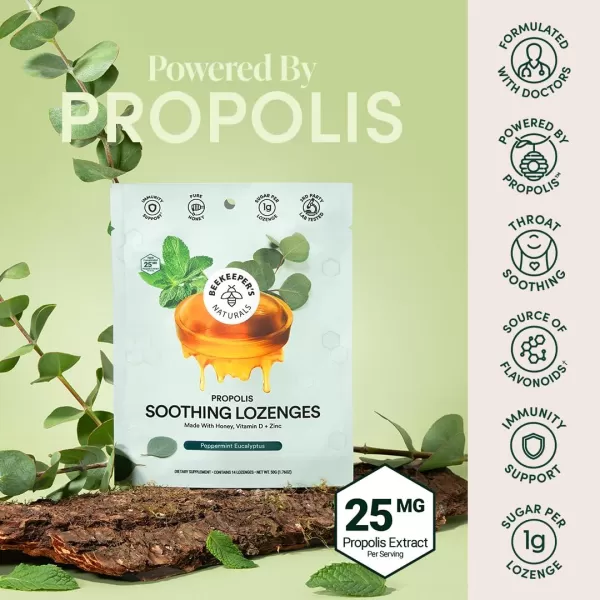 Soothing Honey Cough Drops  Immune Support with Vitamin D Zinc and Propolis  by Beekeepers Naturals  Throat Soothing Lozenges 14 CtMint Eucalpytus