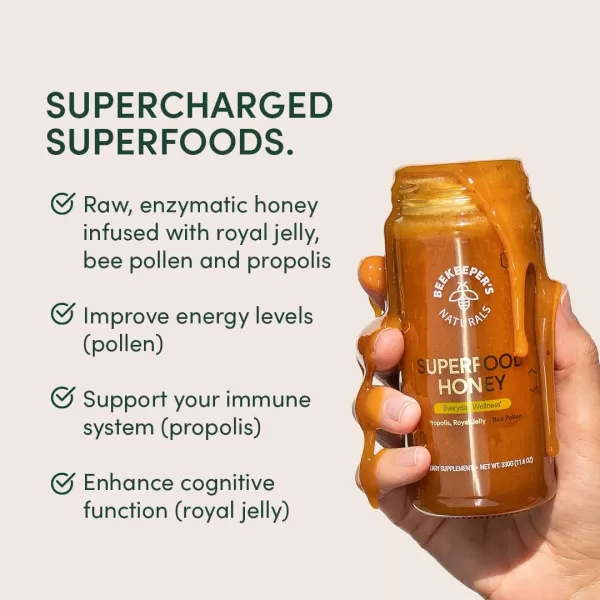 Superfood Honey by Beekeepers Naturals  Bee Pollen Royal Jelly Propolis Honey  Natural Energy Immune Support Mental Clarity Athletic Performance 44 oz116 Ounce Pack of 1