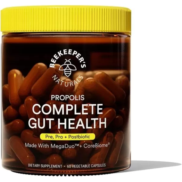 Beekeepers Naturals Complete Gut Health 3in1 Prebiotic Postbiotic Probiotics for Digestive Health ampamp Bloating Relief for Women ampamp Men Propolis Powered GlutenFree Vegan Capsules 20ct60 Count Pack of 1