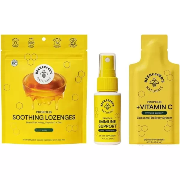 Beekeepers Naturals Immune Support Kit  Propolis Throat Spray  Honey Cough Drops  Vitamin C Liposomal  Effective ampamp Natural Sore Throat Relief3 Piece Set