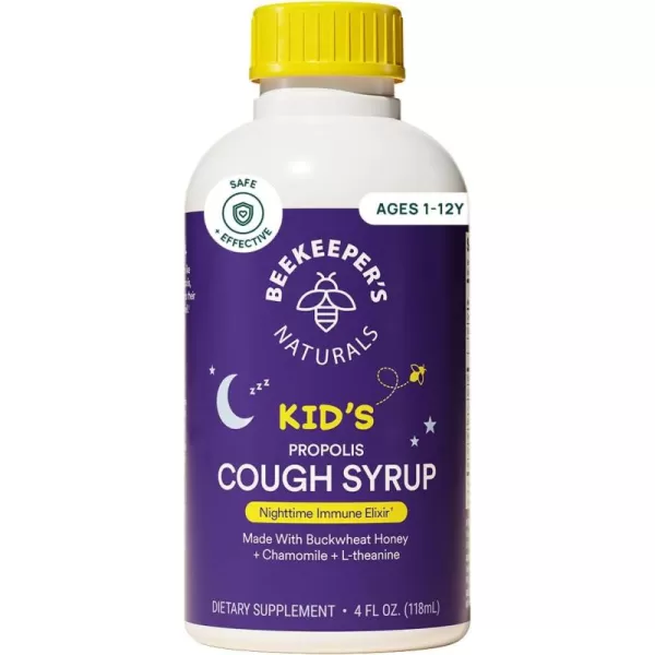 Beekeepers Naturals Propolis Honey Cough Syrup Nighttime for Kids Immune Support with Propolis Elderberry ampamp Raw Honey  Sleep Support with Chamomile ampamp LTheanine  Gluten Free 4 ozKids PM Cough Syrup