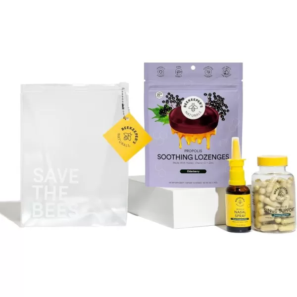 Beekeepers Naturals Sinus Support Kit  Natural Nasal Spray  Sinus Capsules  Elderberry Cough Drops  Seasonal Relief Decongestion Immune SupportSinus Bundle