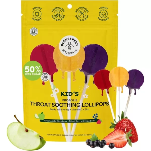 Kids Throat Soothing Lollipops by Beekeepers Naturals  Doctor Formulated Immune Support Vitamin D ampamp Honey Under 2g Sugar Clean Ingredients15 ct3 Flavor Variety Pack