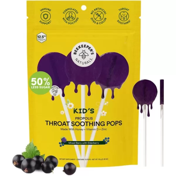 Kids Throat Soothing Lollipops by Beekeepers Naturals  Doctor Formulated Immune Support Vitamin D ampamp Honey Under 2g Sugar Clean Ingredients15 ctMixed Berry wElderberry
