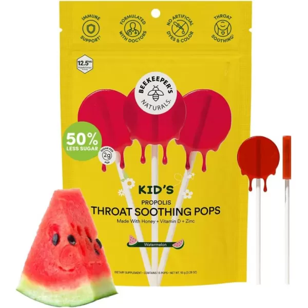 Kids Throat Soothing Lollipops by Beekeepers Naturals  Doctor Formulated Immune Support Vitamin D ampamp Honey Under 2g Sugar Clean Ingredients15 ctWatermelon