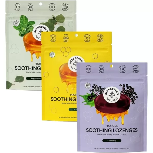 Soothing Honey Cough Drops  Immune Support with Vitamin D Zinc and Propolis  by Beekeepers Naturals  Throat Soothing Lozenges 14 Ct3 Flavors Pack