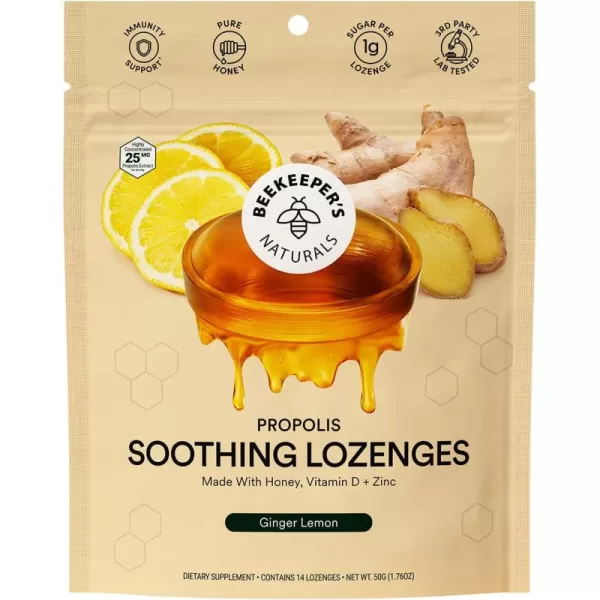 Soothing Honey Cough Drops  Immune Support with Vitamin D Zinc and Propolis  by Beekeepers Naturals  Throat Soothing Lozenges 14 CtGinger Lemon